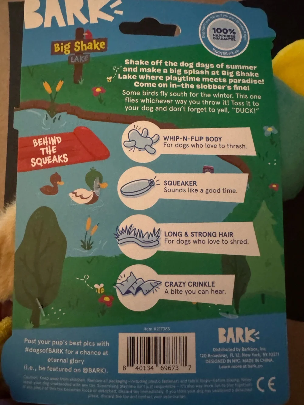 Barkbox dog toy L Duck NEW thrash, whip, squeak & crinkle